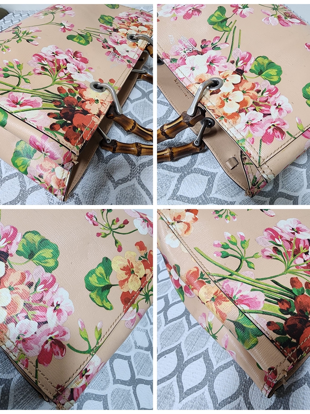 GUCCI Shangai Calfskin Blooms Print Medium Bamboo Shopper Tote Pink/Multicolor - Picture 11 of 14